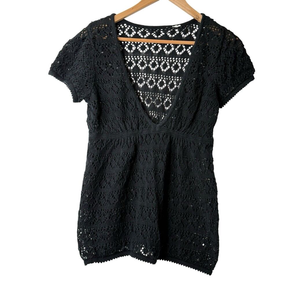 Vintage Y2K Babydoll Top XS Pointelle Knit Crochet Fairy Boho Grunge Festival
